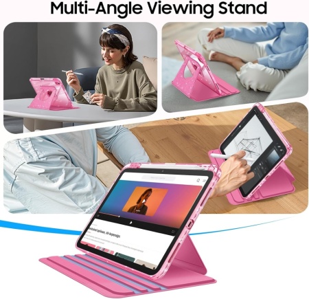 Husă Rotativă 360° Fintie pentru iPad 11 Gen (A16, 11") și iPad 10 Gen (10.9"), Suport Apple Pencil, Funcție Auto Sleep/Wake, Spate Hibrid PC+TPU, Roz cu Sclipici (Glittering Pink) - Img 8
