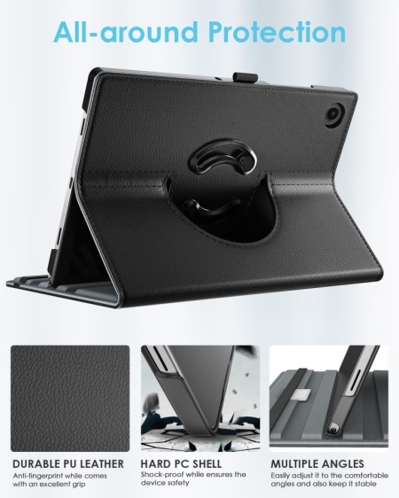 Husă Rotativă TiMOVO pentru Samsung Galaxy Tab A11+ / A11 Plus 11" (2025), Suport Pivotant 90° Orizontal / Vertical, Funcție Auto Sleep/Wake, Bandă Elastică, Piele Ecologică, Negru - Img 6