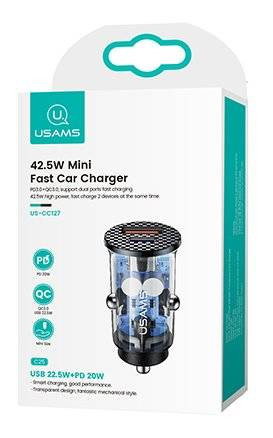 Incarcator auto USAMS CC127 C25 42.5 / 22.5W + PD20W albastru transparent - Img 2