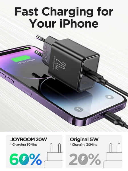 Incarcator de perete Joyroom JR-TCF02 USB-C PD 20W + cablu USB-C - negru - Img 2