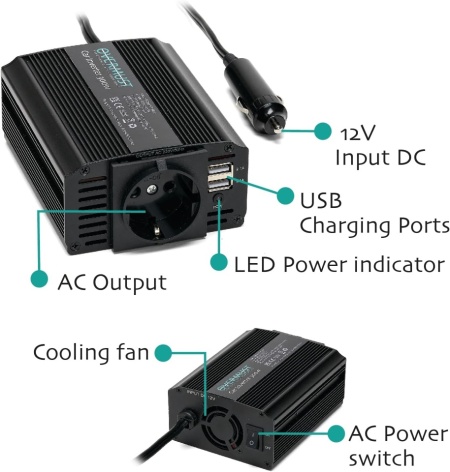 Invertor Auto 12V la 220V 300W OVERMUST, Priză AC 220V, 2 Porturi USB 2.1A, Ventilator Inteligent Silențios, Încărcare Simultană 3 Dispozitive, Protecție la Supratensiune și Scurtcircuit - Img 5