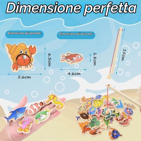 Joc de Pescuit Magnetic din Lemn Montessori, Puzzle 14 Piese cu Tablă Suport și Undiță Magnetică, Peștișori Colorati cu Litere în Engleză, Jucărie Educativă de Dexteritate pentru Copii 3+ Ani - Img 7
