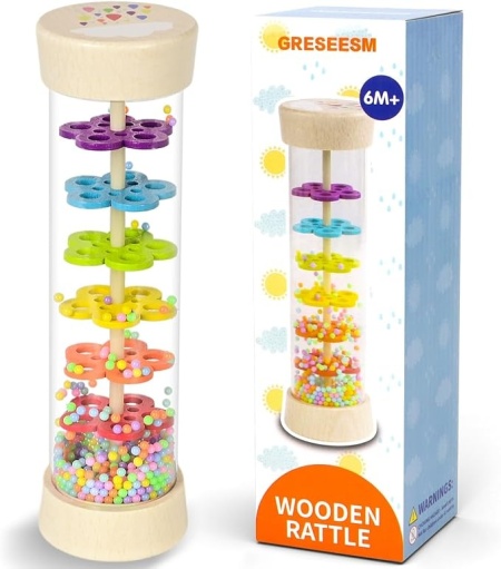 Jucarie senzoriala muzicala Montessori tip Rainmaker / Rain Stick, din lemn, zornaitoare sunet de ploaie, pentru bebelusi si copii mici 6-12 luni+, 19.5 cm (7.7 inch), Multicolor - Img 3