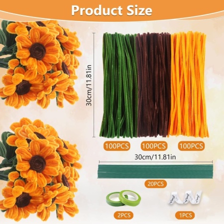 Kit Creativ DIY Buchet de Floarea-Soarelui, 300 Sârme Plușate Groase de 8 mm, Tulpini Florale, Benzi Adezive și Panglică Cadou - Img 7