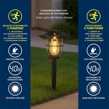 Lampă Solară de Gradină cu Senzor de Mișcare BEPER P207ILO106, 3 Moduri de Iluminare, cu Țăruș de Fixare și Mâner, Certificare IP44, Negru - Img 10