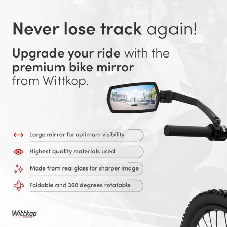 Oglindă Retrovizoare pentru Bicicletă și E-Bike Wittkop, Lentilă Convexă HD din Sticlă Veritabilă, Câmp Vizual Extins, Rotire 360° și Braț Pliabil, Montaj Universal pe Ghidon (Superior / Inferior), Carcasă Ranforsată Anti-Șoc, Negru - Img 8