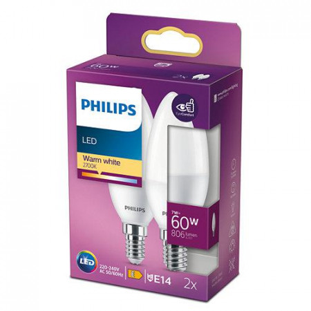Pachet 2 becuri LED Philips B38, E14, 7W
