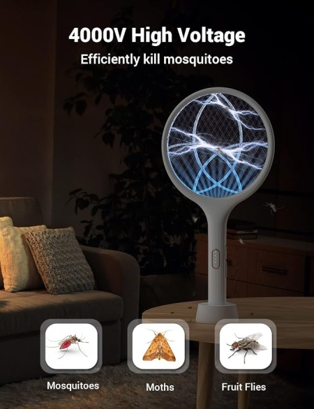 Paletă electrică anti-insecte și țânțari 4000V, mod dublu de funcționare (manual și lampă UV), reîncărcabilă USB, plasă de protecție pe 3 straturi, Alb - Img 3