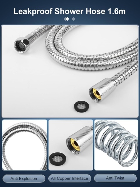 Pară de Duș de Înaltă Presiune cu Furtun Inclus, Cap Rotund 120 mm, 3 Moduri de Pulverizare, Duze Anti-Calcar din Silicon, Finisaj Cromat Lucios, Para de Duș Manuală Antirugină pentru Baie, Hotel și Spa - Img 2
