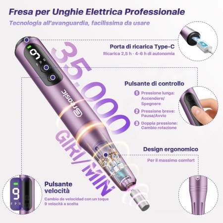 Pila Electrică Profesională Fără Fir Typec Home, 35.000 RPM, Set 12 Capete de Freză și 31 Benzi, Ecran LED, Autonomie Extinsă, Alb / Violet - Img 8