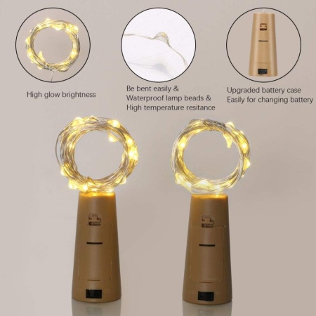 Set 12 Instalații Luminoase Tip Dop pentru Sticle , 2 Metri, 20 LED-uri, Fir Argintiu Flexibil, Alimentare cu Baterii, Lumină Alb Cald, Clasa A - Img 4