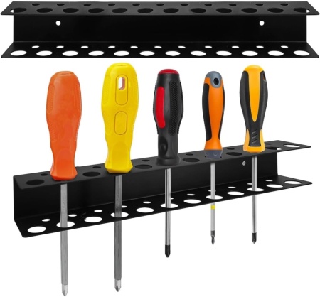Set 2 Suporturi Metalice de Perete pentru Scule și Unelte Klanata, 23 Orificii de Organizare, Construcție din Oțel Rezistent, Accesorii de Montaj Incluse, 33 x 6 x 5 cm - Img 5
