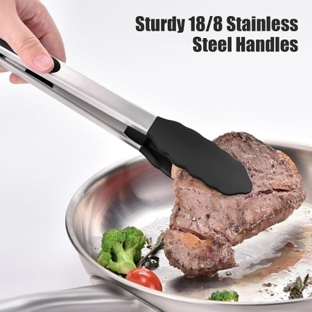 Set 3 clesti de bucatarie din inox cu varfuri din silicon termorezistent, mecanism de blocare, pentru gatit, servire si gratar / BBQ, Negru - Img 11