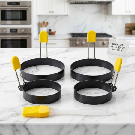 Set 4 Inele Antiaderente pentru Ouă Ochiuri, Clătite și Burgeri, 2x 7.5 cm și 2x 9 cm, Mâner Pliabil cu Protecție Termică + Pensulă/Spatulă Silicon  - Img 2