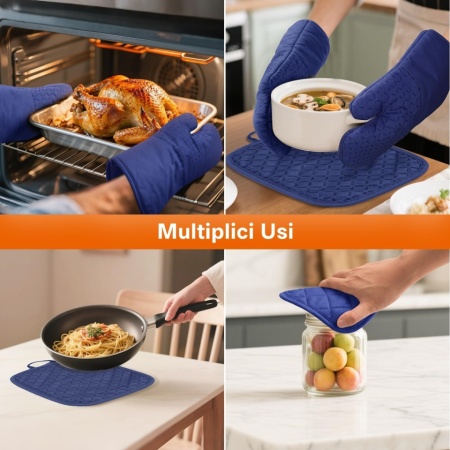 Set 4 Piese Mănuși de Bucătărie și Suporturi pentru Oale, Rezistente la Temperaturi Înalte (Până la 300°C / 572°F), Lungime Extinsă 32 cm, Silicon Anti-Alunecare, Albastru - Img 4