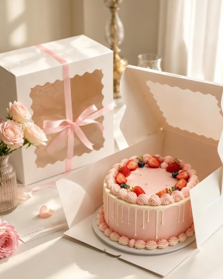 Set 5 Cutii pentru Tort cu Fereastră și 5 Baze Rotunde Cartonate de 25x25 cm, Albe - Img 3