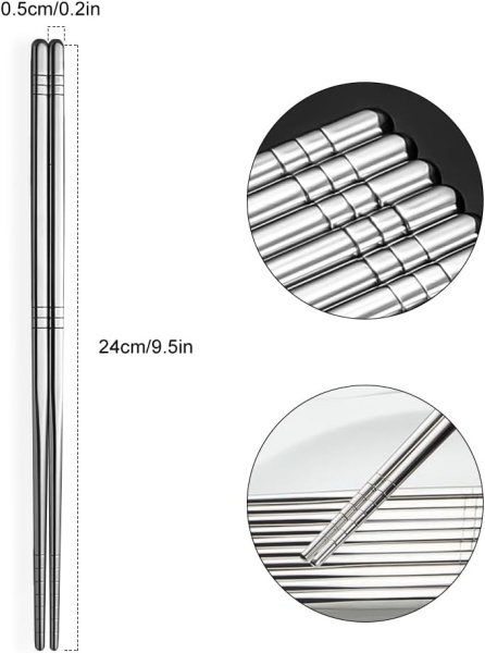Set 5 Perechi Bețișoare Metalice Tiokin, Oțel Inoxidabil 304, Lungime 24 cm, Design Pătrat Anti-Alunecare, Reutilizabile și Lavabile - Img 6