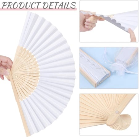Set 60 Evantaie Pliabile din Bambus și Hârtie Albă Typec Home cu 60 Săculeți din Organza, Evantaie de Mână Elegante pentru Mărturii de Nuntă, Oaspeți, Botez, Evenimente Estivale și Proiecte Creative DIY - Img 5