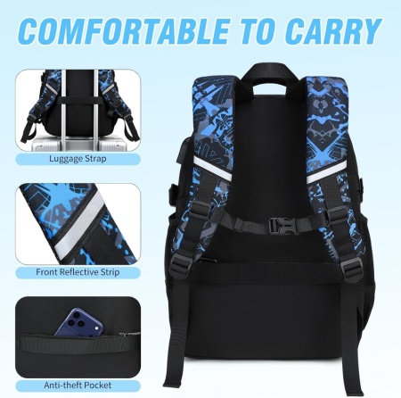 Set Ghiozdan Școlar Gamer 3 Piese cu Efect Fosforescent Glow-in-the-Dark, Ghiozdan Ergonomic și Impermeabil 25 L pentru Laptop 15.6", Penar Inclus, pentru Copii și Adolescenți 6-12 Ani, Albastru - Img 6