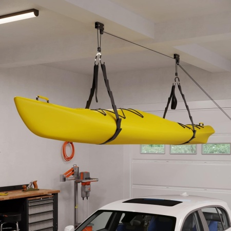 Sistem de Ridicare și Depozitare pe Tavan Rad Sportz Kayak Hoist, Suport Tip Scripete pentru Caiac, Canoe, Scări și Cutii Portbagaj, Capacitate 57 kg (125 lbs), Mecanism de Blocare Automată, pentru Garaj și Înălțimi până la 3.65 m - Img 4
