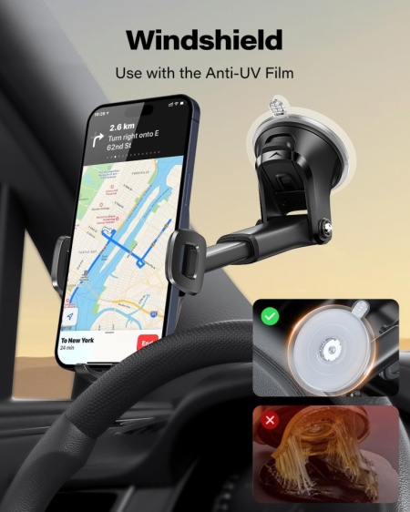 Suport Auto pentru Telefon APPS2Car, Fixare cu Ventuză Gel și Pad Adeziv 3M pe Parbriz sau Bord, Braț Telescopic Reglabil, Rotație 360°, Buton Quick-Release, Compatibil 4.7 - 6.8 Inch, Negru - Img 2
