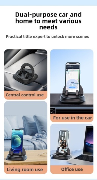 Suport Auto pentru Telefon Rotativ la 360° pe Bord, Montare cu Nano-Gel Anti-Alunecare Fără Blocarea Grilei de Ventilație, Operare cu o Singură Mână, Compatibil Universal cu Smartphone-uri 4–7 Inch, Negru (Black) - Img 2
