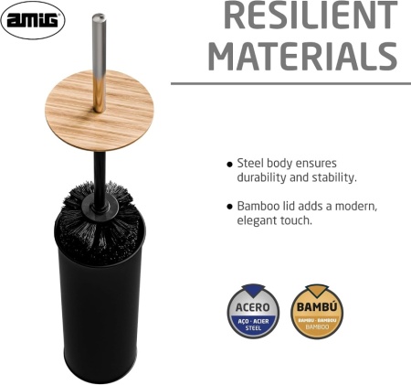 Suport cu Perie de Toaletă AMIG Naturline Ø 9.5 x 38 cm, Oțel Inoxidabil și Detalii din Lemn de Bambus Natural, Design Modern Minimalist, Negru Mat - Img 4