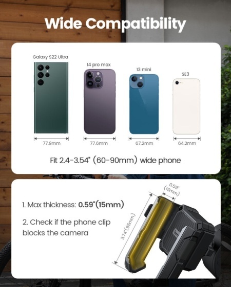 Suport Telefon Bicicletă și Motocicletă Lamicall Camera-Friendly, Clemă Reglabilă Ghidon 15–40 mm, Compatibil Telefoane 4.7–7.0 Inch (Grosime până la 15 mm), Design fără Blocare Cameră Foto, pentru Bicicletă - Img 3
