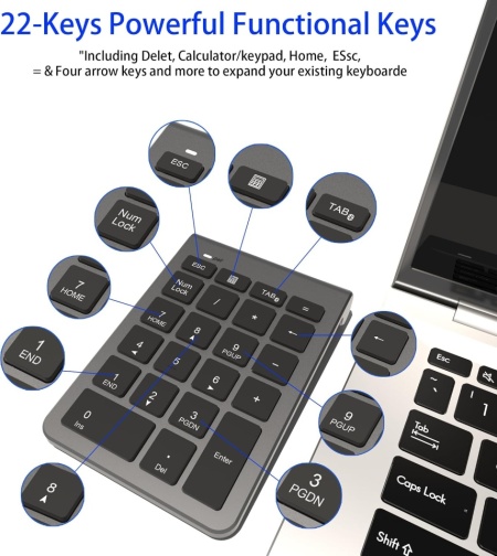 Tastatură Numerică Wireless Bluetooth cu 22 de Taste, Numpad Portabil Slim cu Conexiune Bluetooth 5.0, Taste Silențioase de Tip Foarfecă, Compatibilă Laptop, MacBook, Windows, macOS, Android și iOS - Img 3