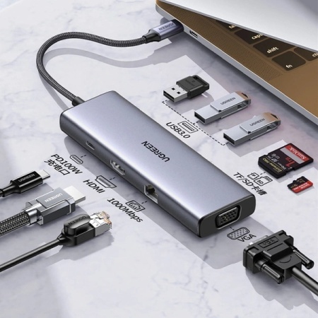 Adaptor Ugreen CM498 15600 USB-C - 3x USB-A 3.0 / HDMI / VGA / RJ45 / SD / cititor de carduri TF / USB-C PD - gri - Img 7