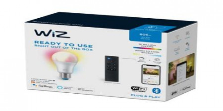 Bec LED RGB inteligent WiZ Connected A60, Wi-Fi + Bluetooth, E27, 8W (60W), lumina alba si colorata, compatibil Google Assistant/Alexa/Siri + Telecomanda