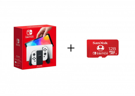 Bundle Consola Nintendo Switch OLED (Neon Blue/ Red Joy - Con) + Card de memorie SanDisk micro SDXC pentru Nintendo Switch