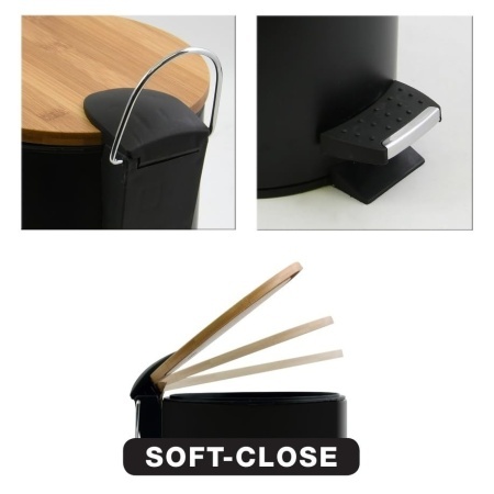 Coș de Gunoi cu Pedală pentru Baie Spirella ADONIS (Capacitate 3 L), Oțel Inoxidabil Negru Mat, Capac din Lemn de Bambus cu Închidere Lentă Easy-Close, Recipient Interior Detașabil, Ø 17 x 22.5 cm - Img 3