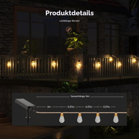 Ghirlandă Luminoasă Solară de Exterior Aisutha (Lungime 6m + 2m, 16 Becuri cu LED-uri, Lumină Alb Cald), Rezistentă la Intemperii IP65, 8 Moduri de Iluminare - Img 5