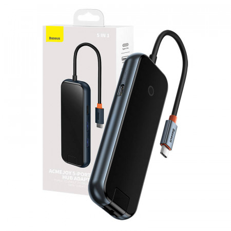 Hub 5 in 1 Baseus AcmeJoy seria USB-C la 2xUSB 3.0 + USB 2.0 + USB-C PD + RJ45 (gri inchis)