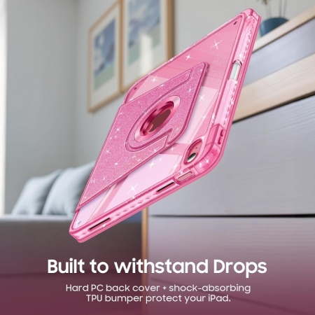 Husă Rotativă 360° Fintie pentru iPad 11 Gen (A16, 11") și iPad 10 Gen (10.9"), Suport Apple Pencil, Funcție Auto Sleep/Wake, Spate Hibrid PC+TPU, Roz cu Sclipici (Glittering Pink) - Img 5
