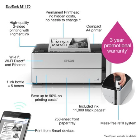 Imprimanta InkJet Monocrom Epson EcoTank M1170, White - Img 10