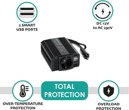 Invertor Auto 12V la 220V 300W OVERMUST, Priză AC 220V, 2 Porturi USB 2.1A, Ventilator Inteligent Silențios, Încărcare Simultană 3 Dispozitive, Protecție la Supratensiune și Scurtcircuit - Img 3