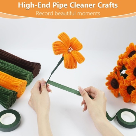 Kit Creativ DIY Buchet de Floarea-Soarelui, 300 Sârme Plușate Groase de 8 mm, Tulpini Florale, Benzi Adezive și Panglică Cadou - Img 4