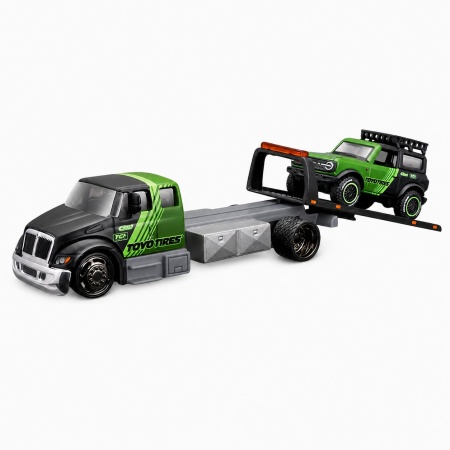 MAISTO DESIGN ELITE TRANSPORT SET CAMION CU RAMPA INTERNATIONAL DURASTAR FLATBED SI MASINUTA FORD BRONCO WILDTRAK 2021 SCARA 1 LA 64 - Img 2