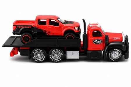 MAISTO DESIGN ELITE TRANSPORT SET CAMION CU RAMPA MACK B 61 FLATBED 1953 SI MASINUTA FORD F150 RAPTOR 2021 SCARA 1 LA 64 - Img 3
