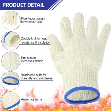 Mănuși Termorezistente de Bucătărie și Grătar AUAUY (1 Pereche), Bumbac Tricotat Dublu Strat, Rezistență până la 250°C, Design Ergonomic cu 5 Degete Ambidextru, Lungime 26 cm, pentru Cuptor, Tăvi Incinse, Fontă și BBQ - Img 7