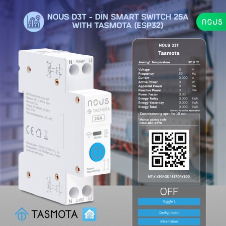 Nous D3T DIN-rail compatible Wi-Fi relay module with Tasmota firmware, Matter compatible, 25A - Img 2