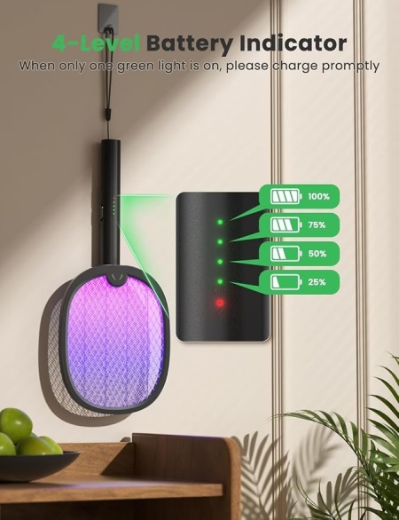 Paleta electrica anti-tantari si insecte 2 in 1 pliabila, lampa UV anti-insecte, acumulator reincarcabil 1800 mAh, zapper portabil pentru casa, terasa, curte si camping - Img 4