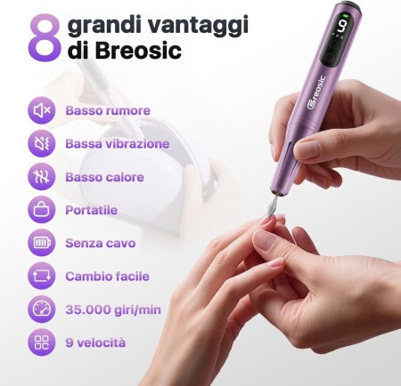 Pila Electrică Profesională Fără Fir Typec Home, 35.000 RPM, Set 12 Capete de Freză și 31 Benzi, Ecran LED, Autonomie Extinsă, Alb / Violet - Img 5