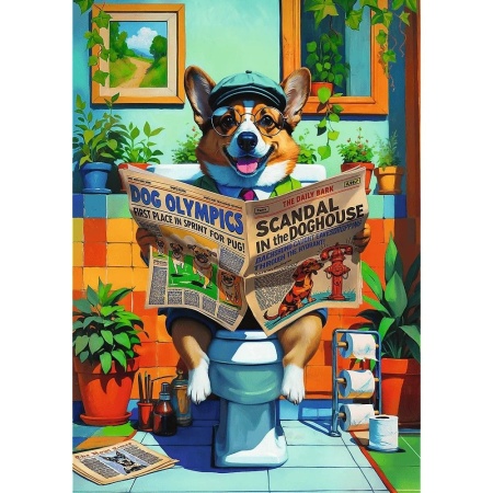 PUZZLE TREFL 1000 PREMIUM PLUS ANIMALE DE COMPANIE SI OAMENI CORGI LA TOALETA - Img 2