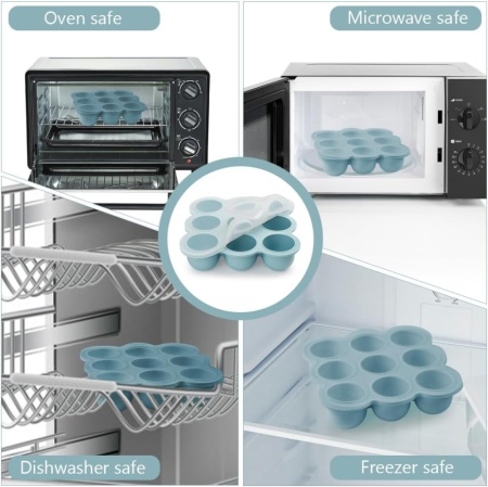 Recipient Congelator Porționare Hrană Bebeluși Aolso din Silicon Alimentar Fără BPA, 9 Compartimente x 75 ml cu Capac Detașabil, Formă Congelare Piureuri, Supe și Gustări, Albastru - Img 6