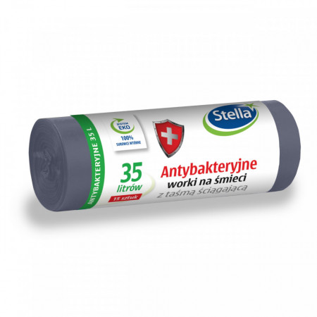 Saci menajeri 35L, 15 bucati, Stella, ANTIBACTERIENI, cu snur (LDPE)