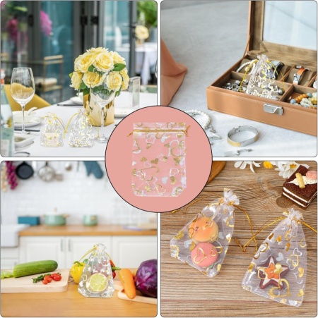 Set 100 Săculeți din Organza Transparentă cu Inimioare Aurii, Șnur Textil, 10 x 15 cm (4x6 Inch), pentru Mărturii Nuntă, Botez, Bijuterii, Cadouri și Cosmetice - Img 2