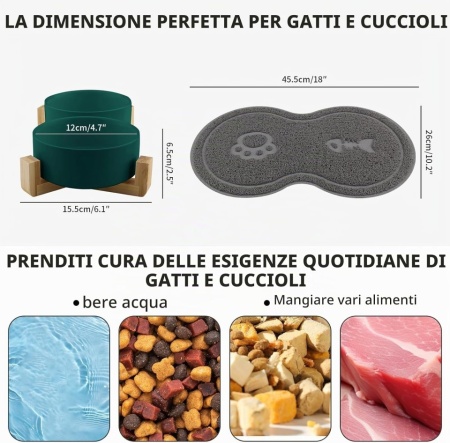 Set 2 Boluri din Ceramică pentru Pisici și Căței cu Suport din Lemn de Bambus, Capacitate 2 x 400 ml, Poziție Ergonomică Anti-Reflux, Verde - Img 7
